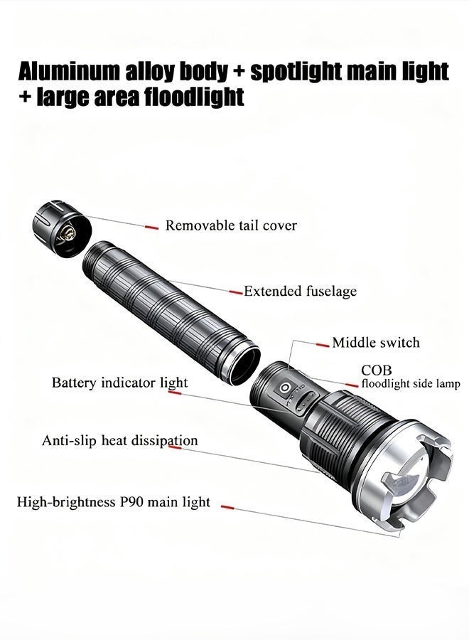 AHAKAC 26500 mAh Battery Five hours of battery life-9000 Lumens High-Intensity Flashlight-Aluminum Alloy Body - USB Rechargeable Zoom Long-Range Outdoor Handheld Flashlight - Image 5